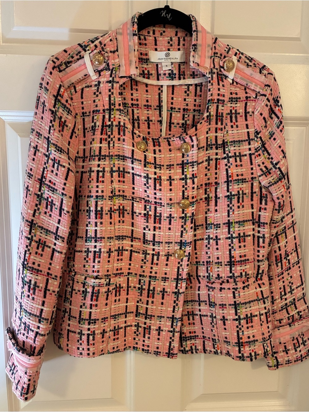 Jean Pierre Klifa Paris Tweed Blazer Pink Double Breasted Jacket Military S